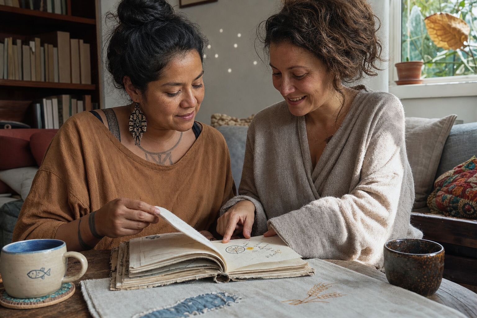Duas mulheres folheiam juntas um caderno artesanal sobre uma mesa.