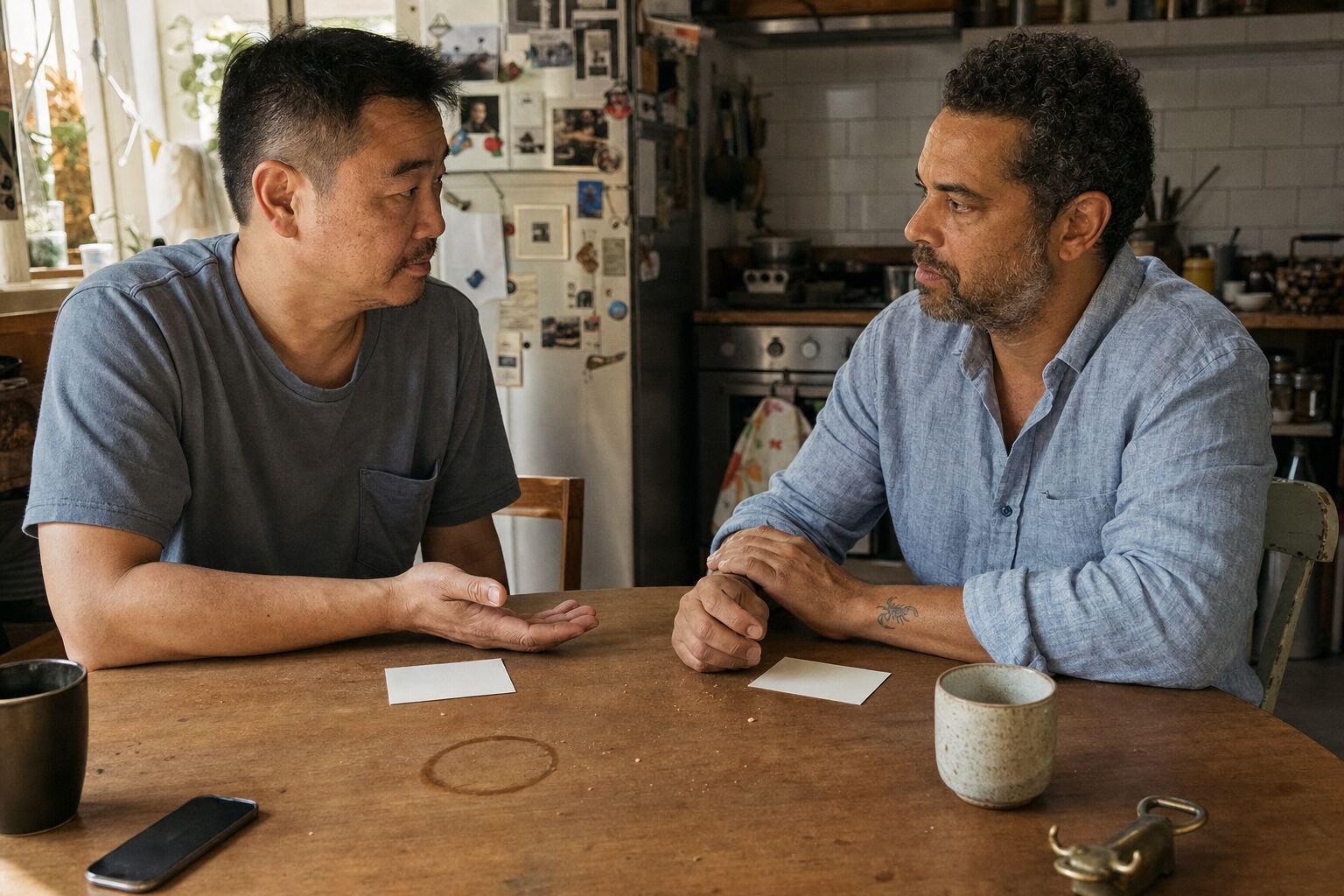 Dois homens conversam sentados à mesa diante de dois cartões em branco.