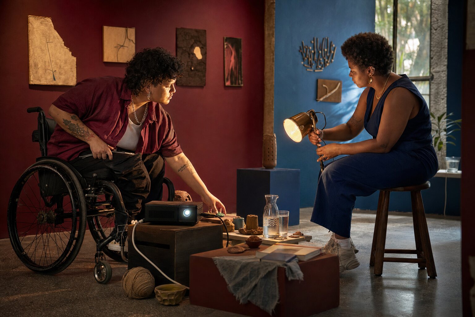 Duas pessoas preparam luzes, projeção e objetos para uma pequena mostra.