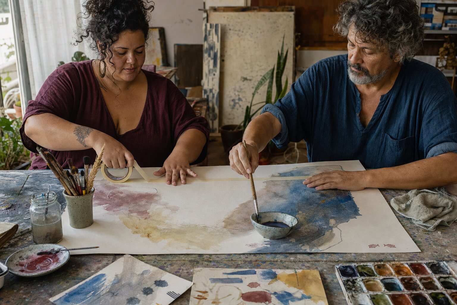 Duas pessoas pintam e marcam linhas sobre uma grande folha de papel.