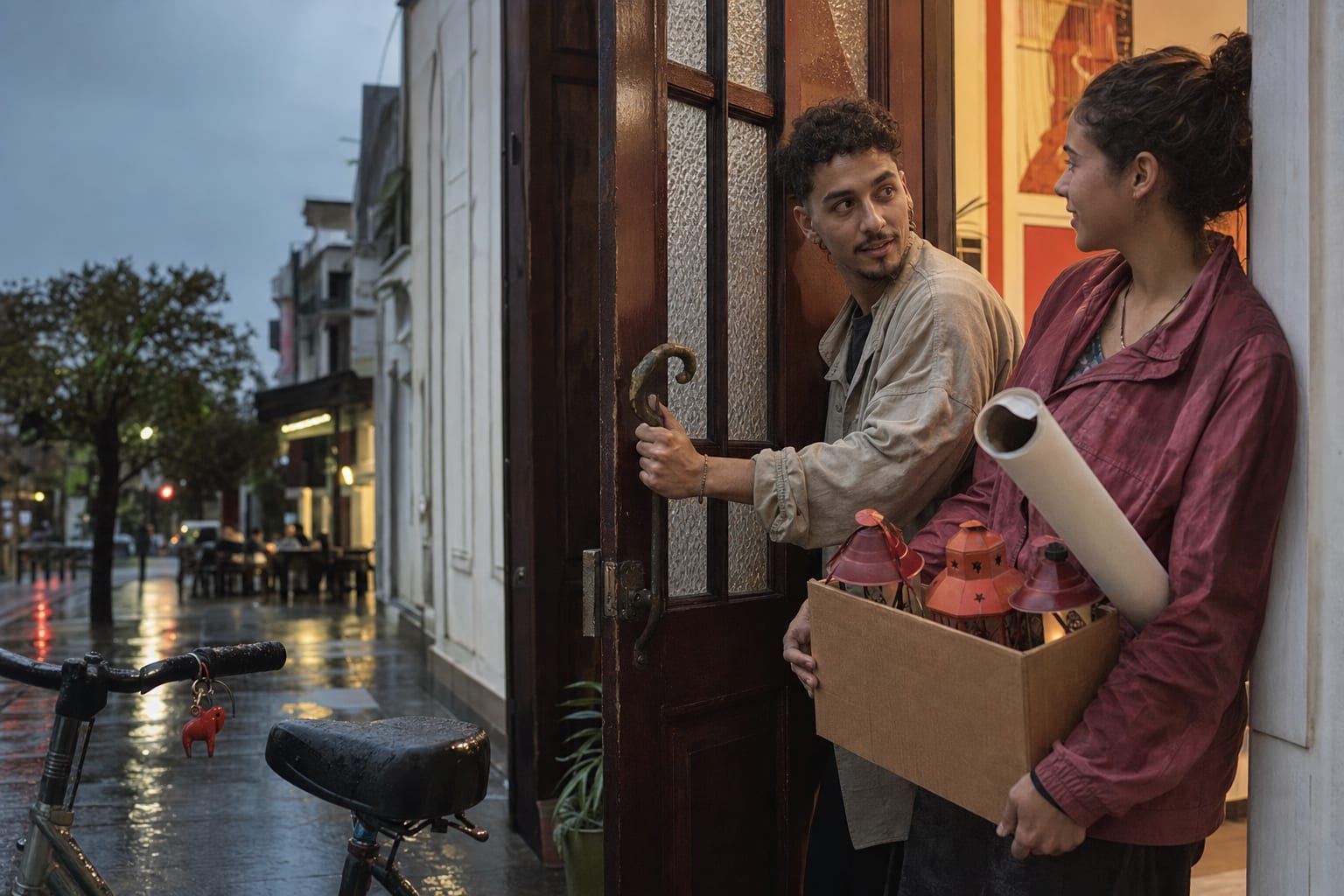 Duas pessoas levam lanternas para um centro cultural enquanto uma segura a porta sob a chuva