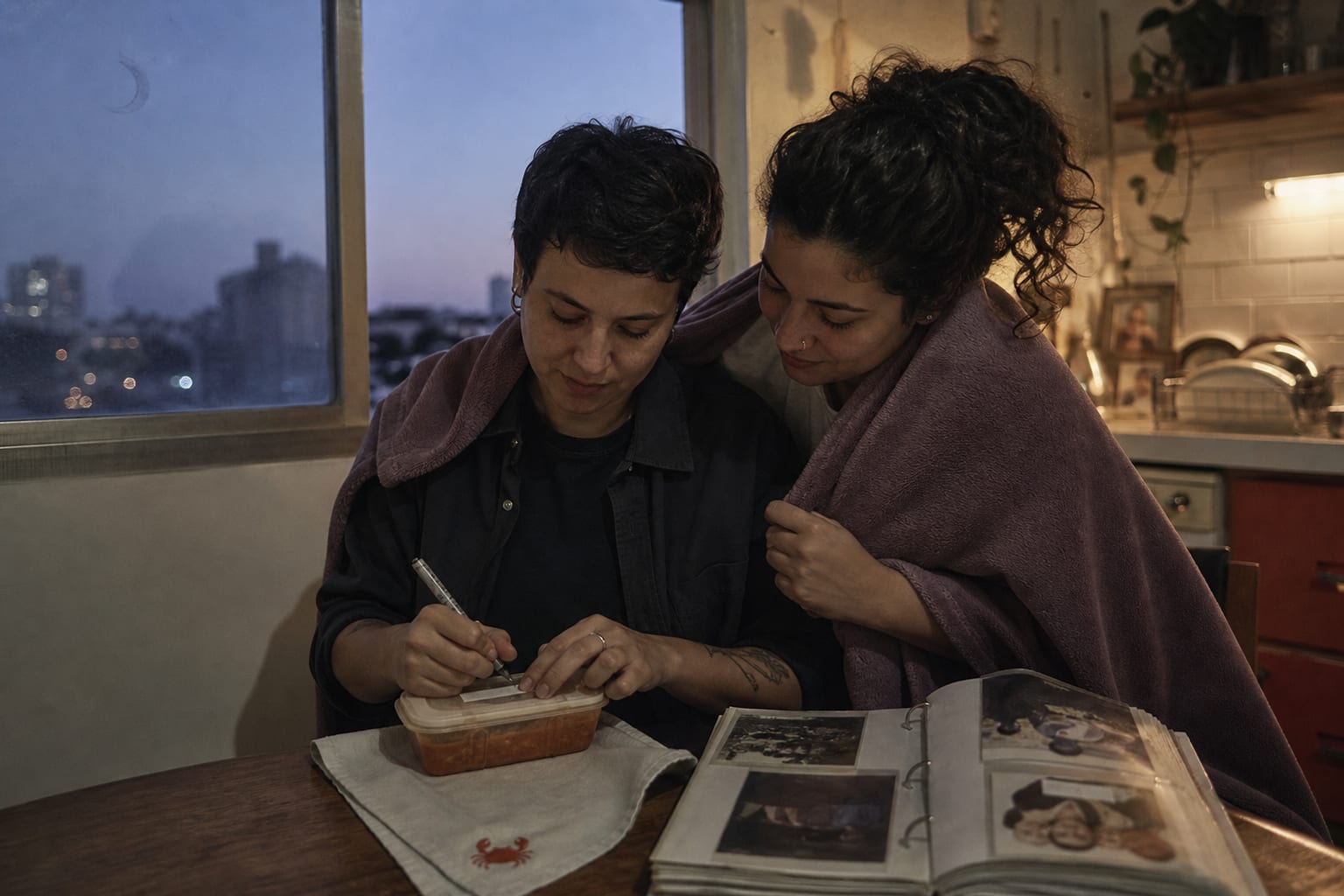 Duas pessoas dividem um cobertor enquanto uma prepara uma refeição em uma cozinha ao anoitecer