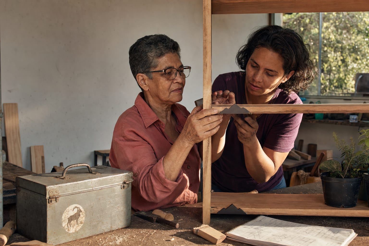 Duas pessoas de idades diferentes montam juntas uma estante em uma oficina comunitária