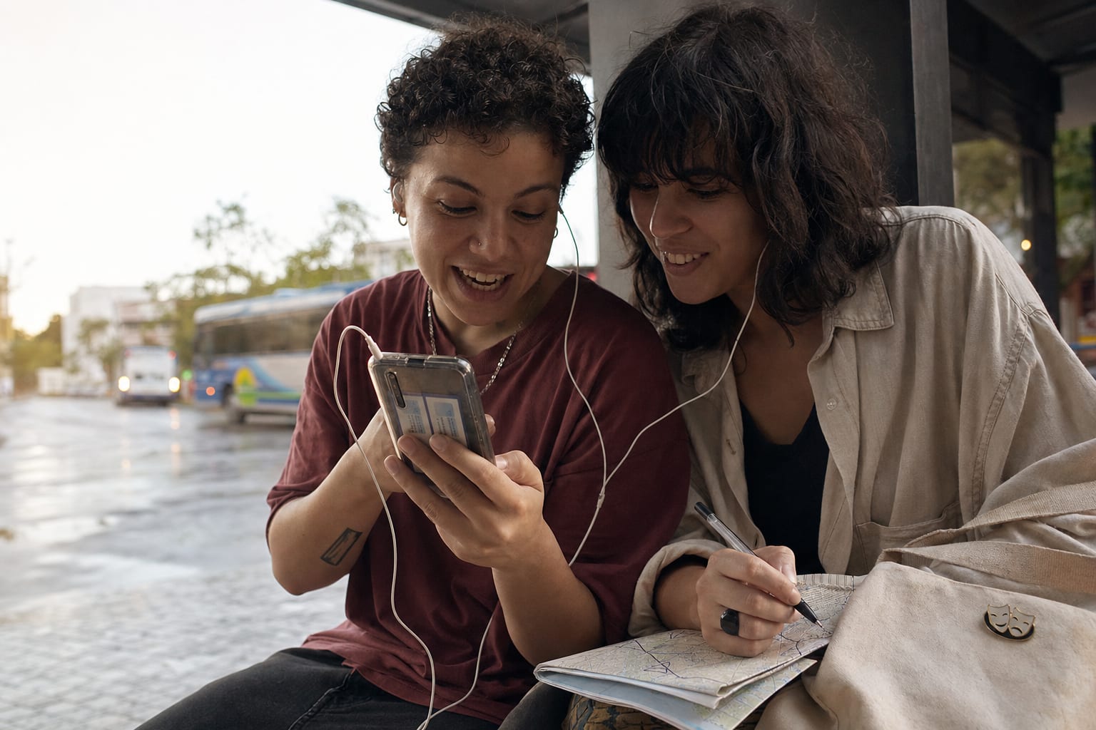 Duas pessoas dividem fones e comparam rotas num mapa em um ponto de ônibus