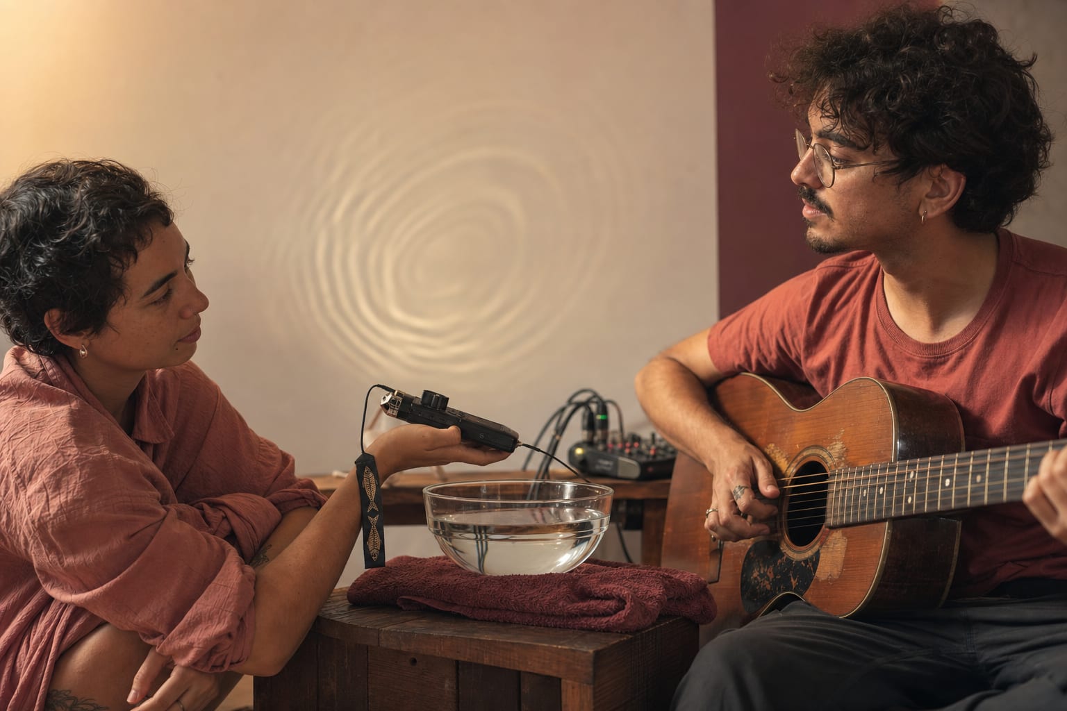 Duas pessoas criam música enquanto gravam ondas produzidas em uma tigela com água